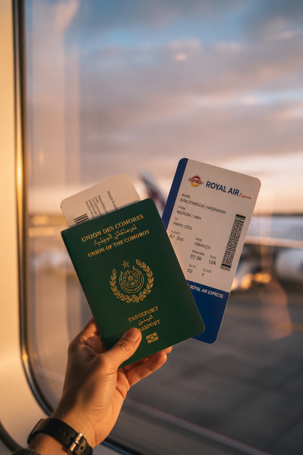 Comoros passport and Royal Air Express boarding pass